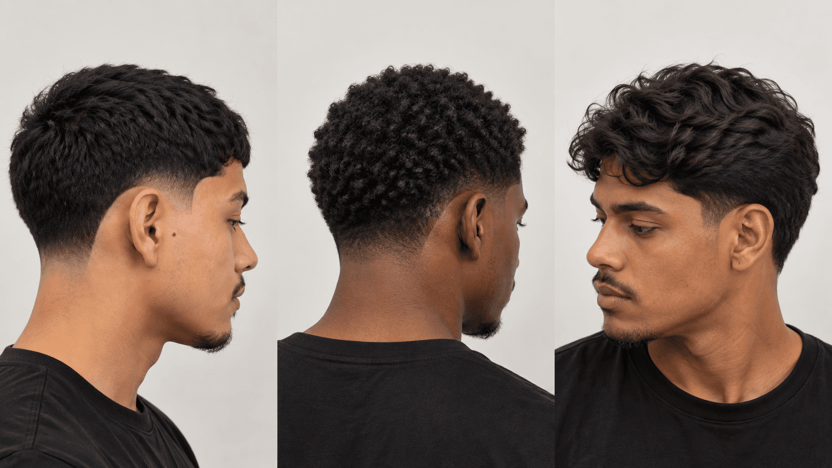 Três referências de corte: cabelo curto de perfil, cabelo crespo de costas e cabelo ondulado de perfil.